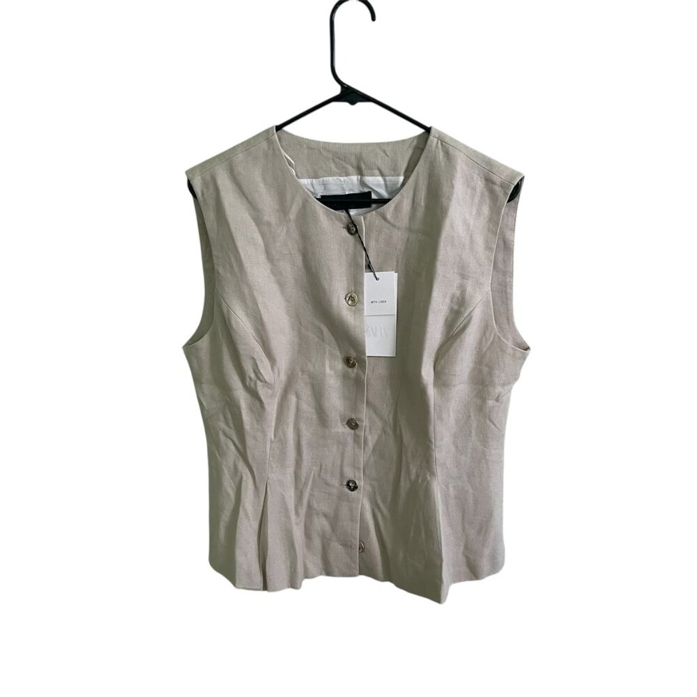Zara Linen Dart Vest Sand Beige Size Large NWT Sleeveless Button Front Tailored - Picture 8 of 9